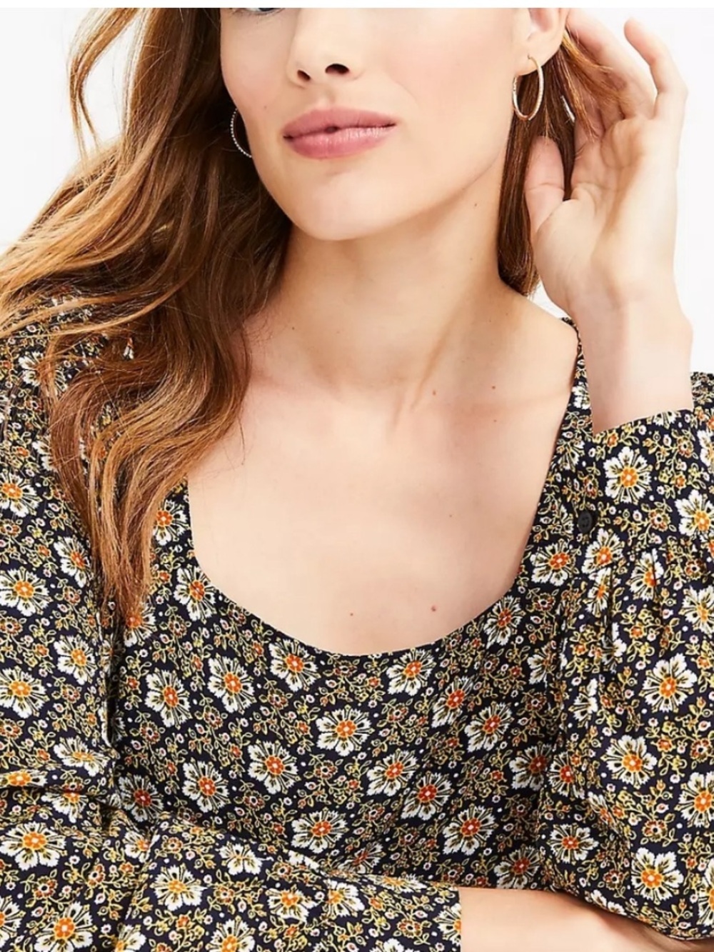 NWT LOFT Garden Square Black Floral Scoop-Neck Long Sleeve Top
